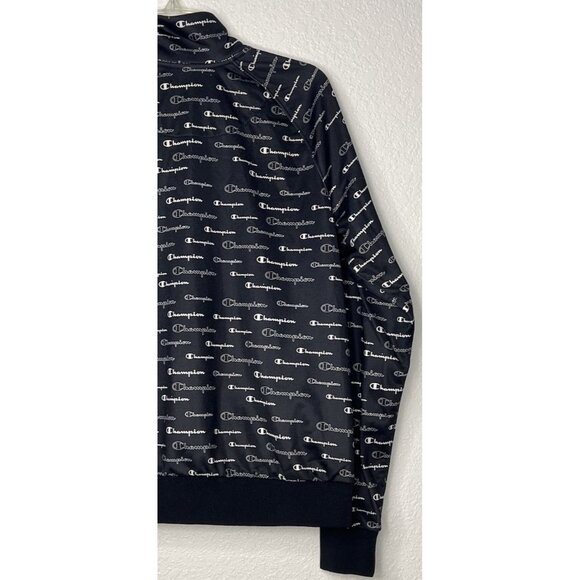 Champion Full Zip Track Jacket Sz L With Pockets Black All Over Print Arm Stripe - Picture 7 of 10